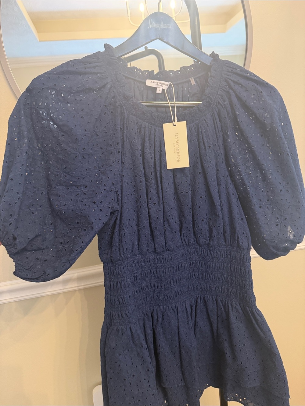 Ramy Brook Navy Eyelet Puff-Sleeve Smocked Waist Dress